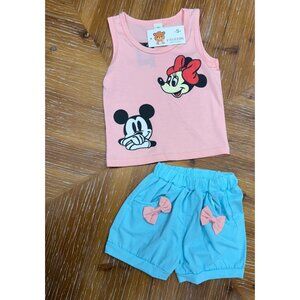Disney Minnie Mouse Pink Tank Top & Blue Bow Accent Shorts Set 6-9 Months